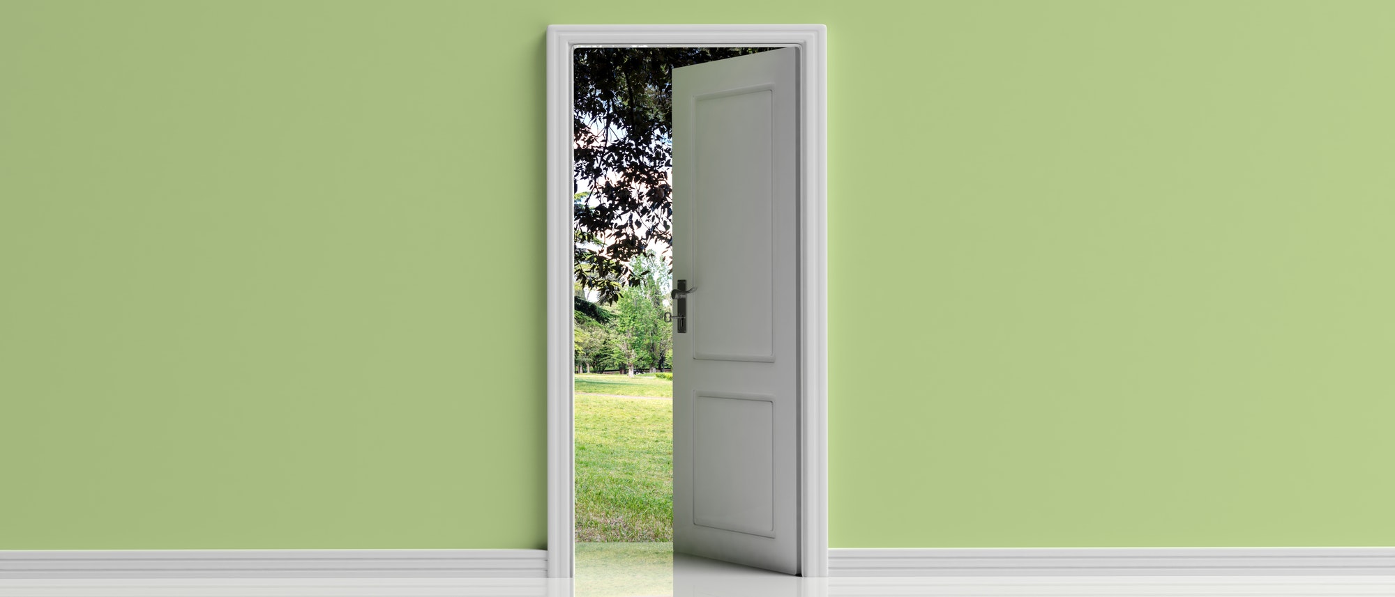 Open door on green pastel wall background, Park view out of the door opening, 3d illustration
