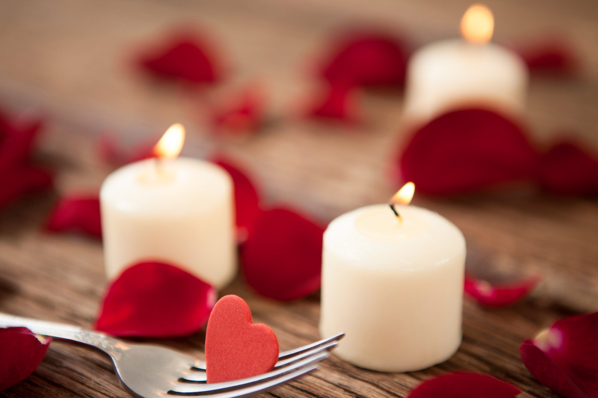 Wax candles surrounded with rose petals